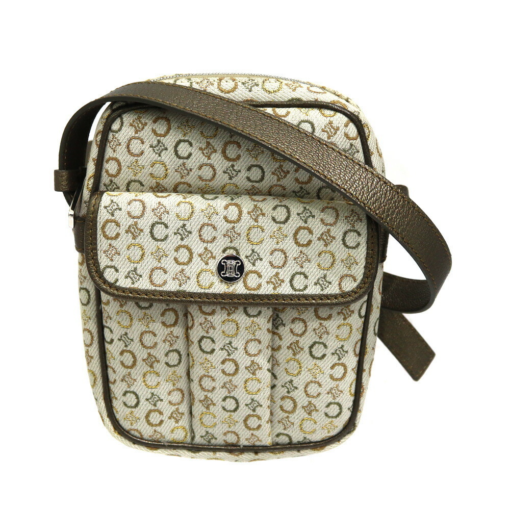 Celine Shoulder Bag Macadam Leather Canvas Beige